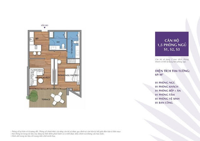 layout căn 1,5 phòng ngủ condotel phú quốc